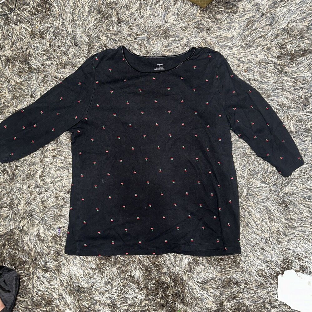 CJ Banks Women’s Black 3/4 Sleeve Cherry Print Top Size 1X
